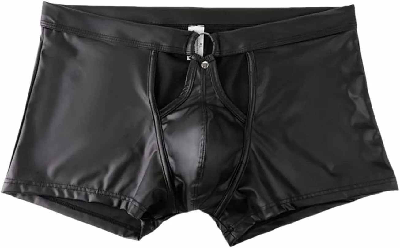 ONEFIT Mens Imitation Leather Underwear Boxer Briefs Low Waist Pouch Trunks Front Hollow Out Underpants