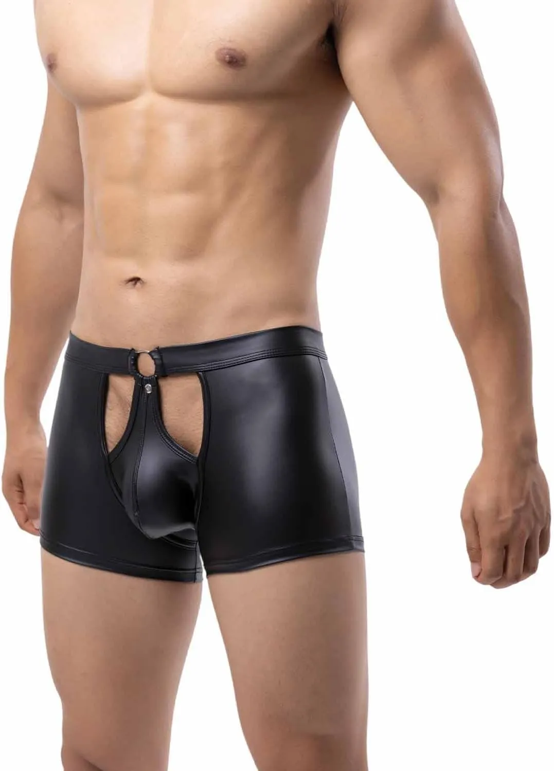ONEFIT Mens Imitation Leather Underwear Boxer Briefs Low Waist Pouch Trunks Front Hollow Out Underpants