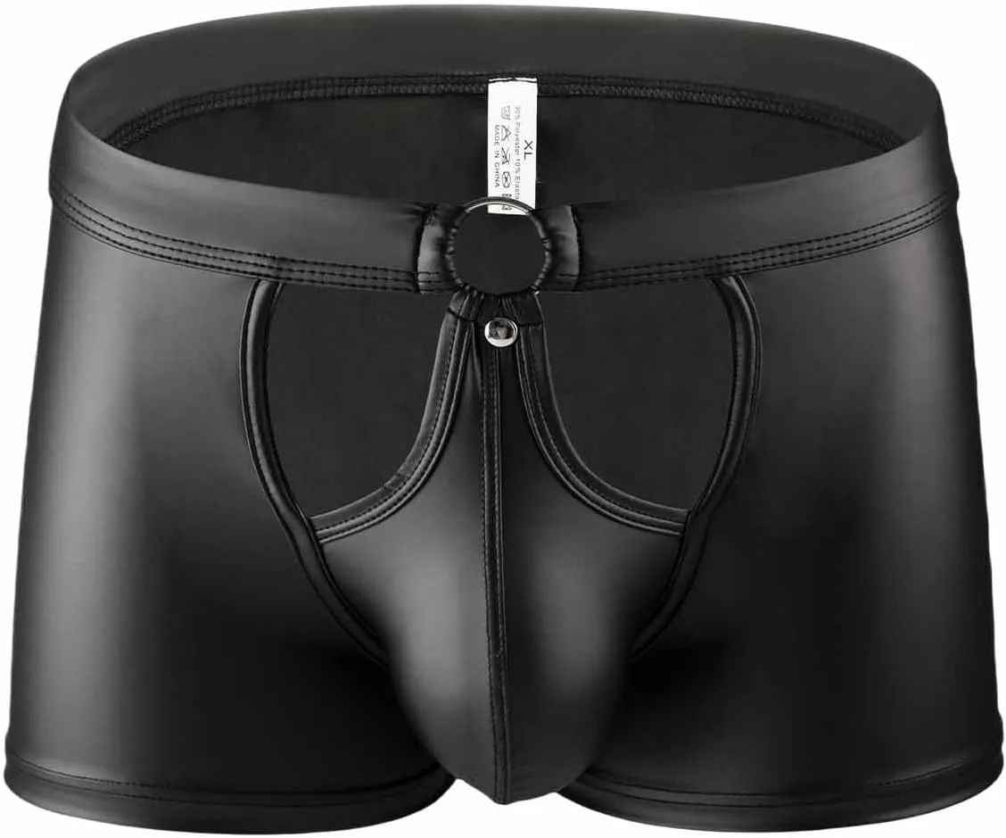 ONEFIT Mens Imitation Leather Underwear Boxer Briefs Low Waist Pouch Trunks Front Hollow Out Underpants