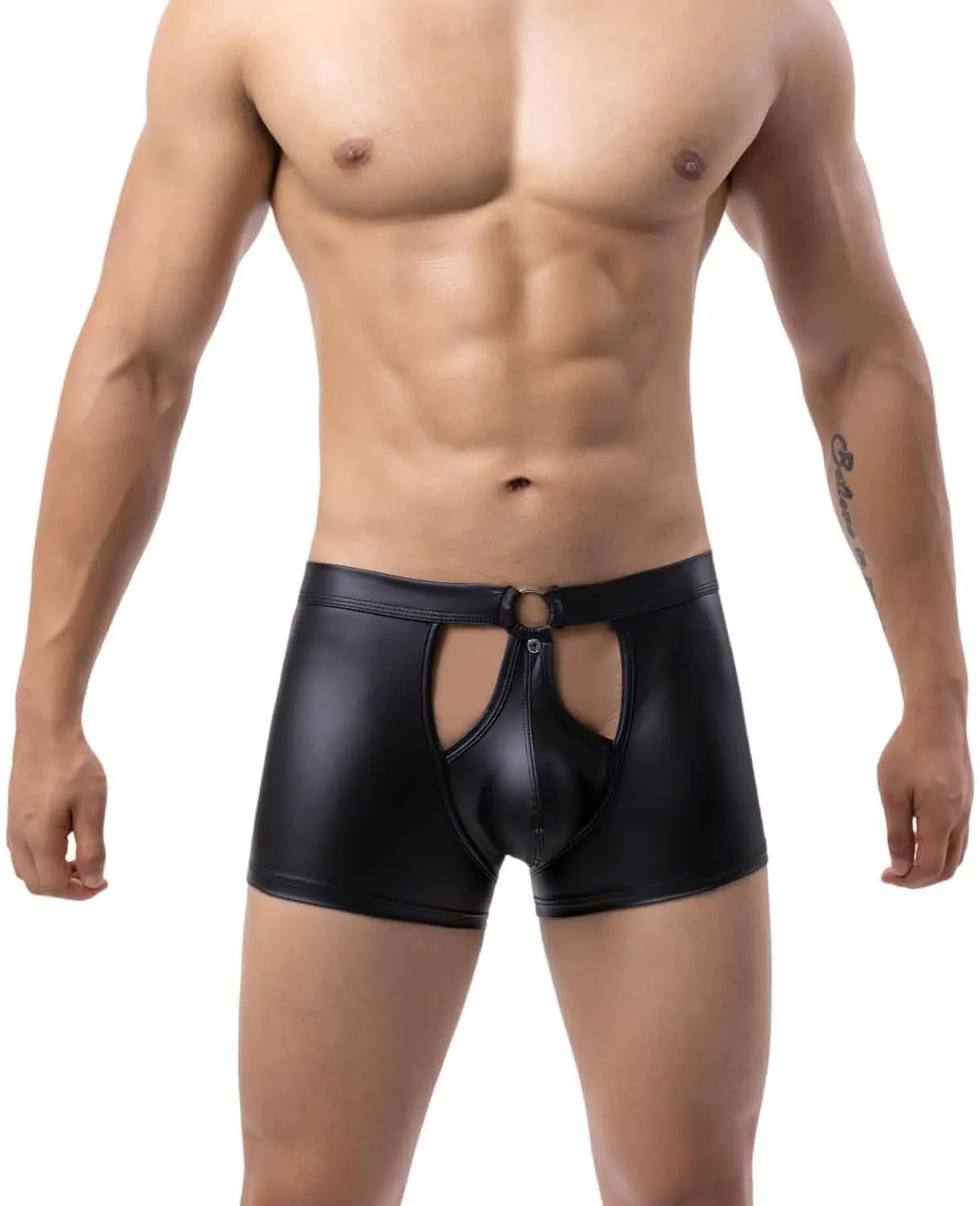 ONEFIT Mens Imitation Leather Underwear Boxer Briefs Low Waist Pouch Trunks Front Hollow Out Underpants