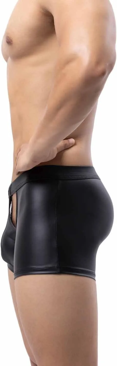 ONEFIT Mens Imitation Leather Underwear Boxer Briefs Low Waist Pouch Trunks Front Hollow Out Underpants