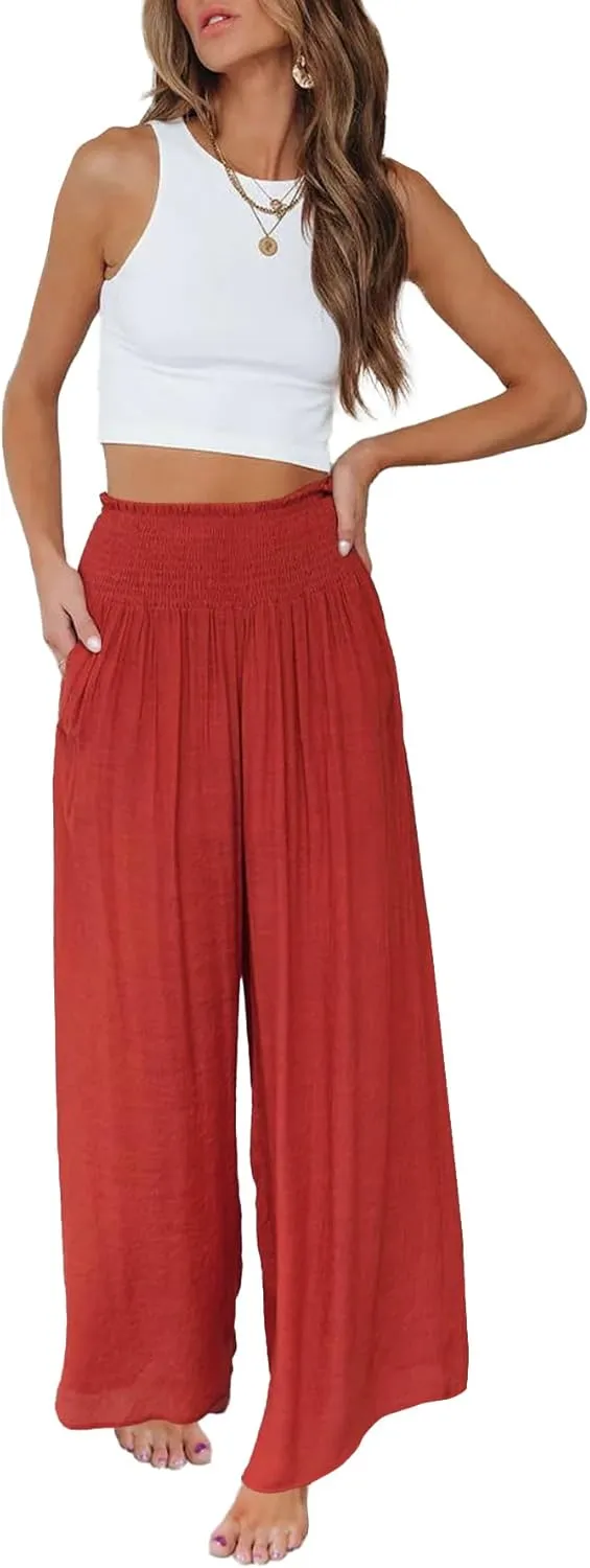 OPOIPIN Women's Smocked High Waisted Lounge Trousers Wide Leg Long Pants with Pockets