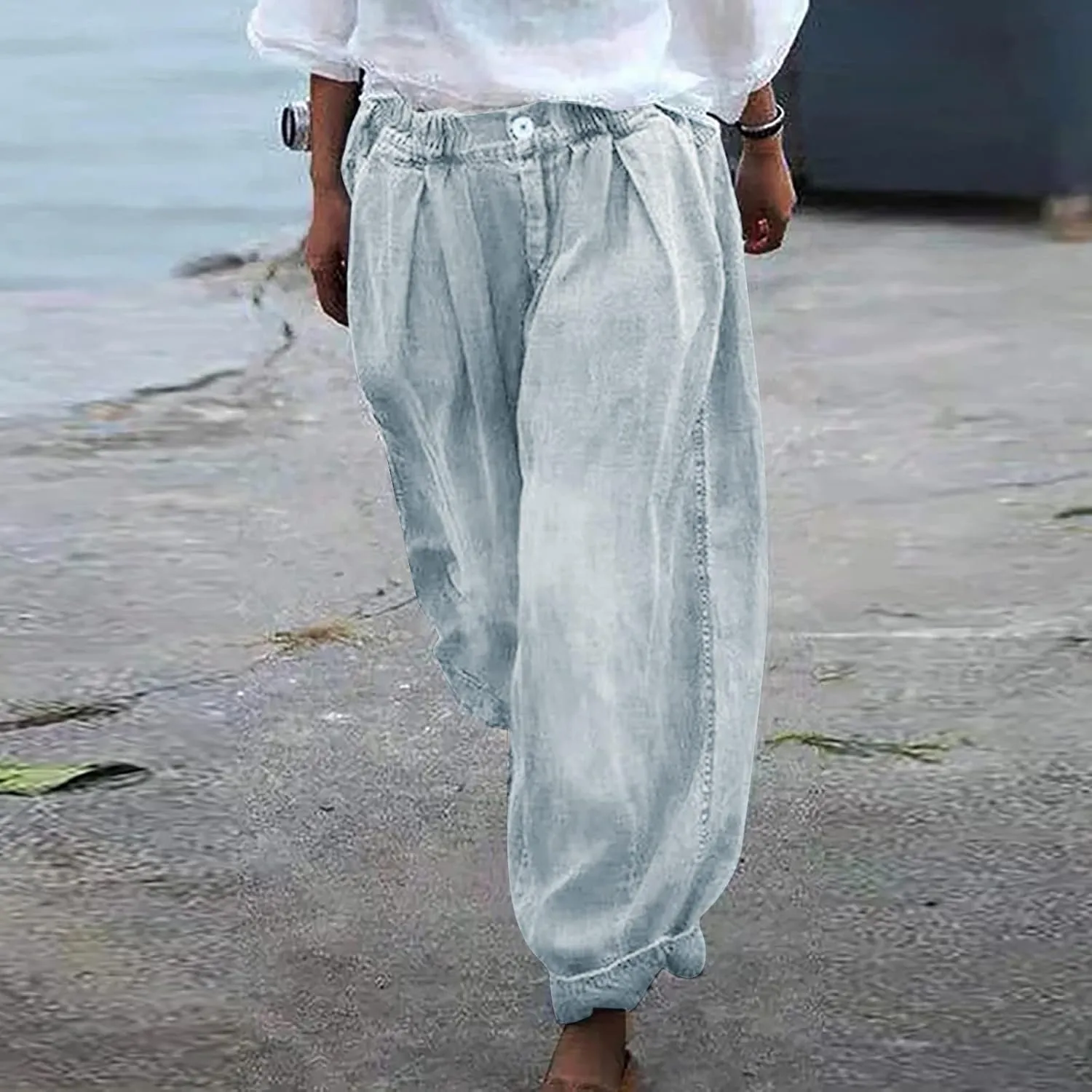 Pants for Women Women's Wide Leg Baggy Jeans Plus Size Loose Elastic Waist Denim Pants with Deep Pockets