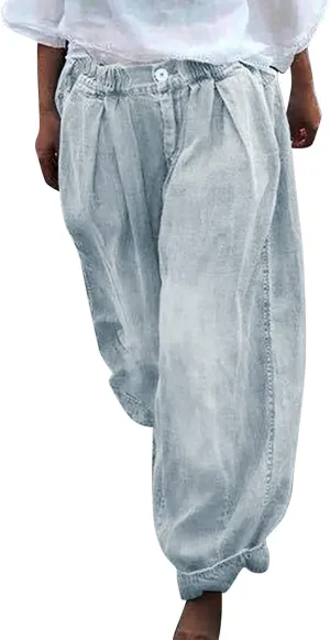Pants for Women Women's Wide Leg Baggy Jeans Plus Size Loose Elastic Waist Denim Pants with Deep Pockets