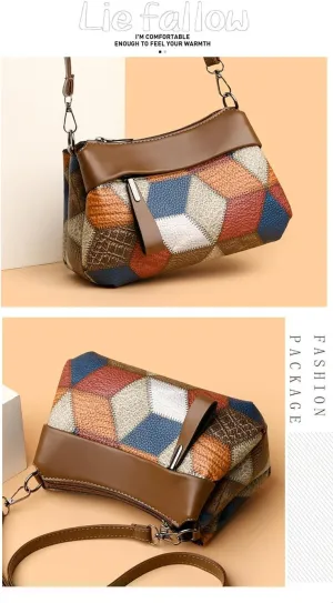 Patchwork Leather Crossbody Bag, Geometric Pattern, Multi-Color with Brown Trim, Shoulder Purse for Women