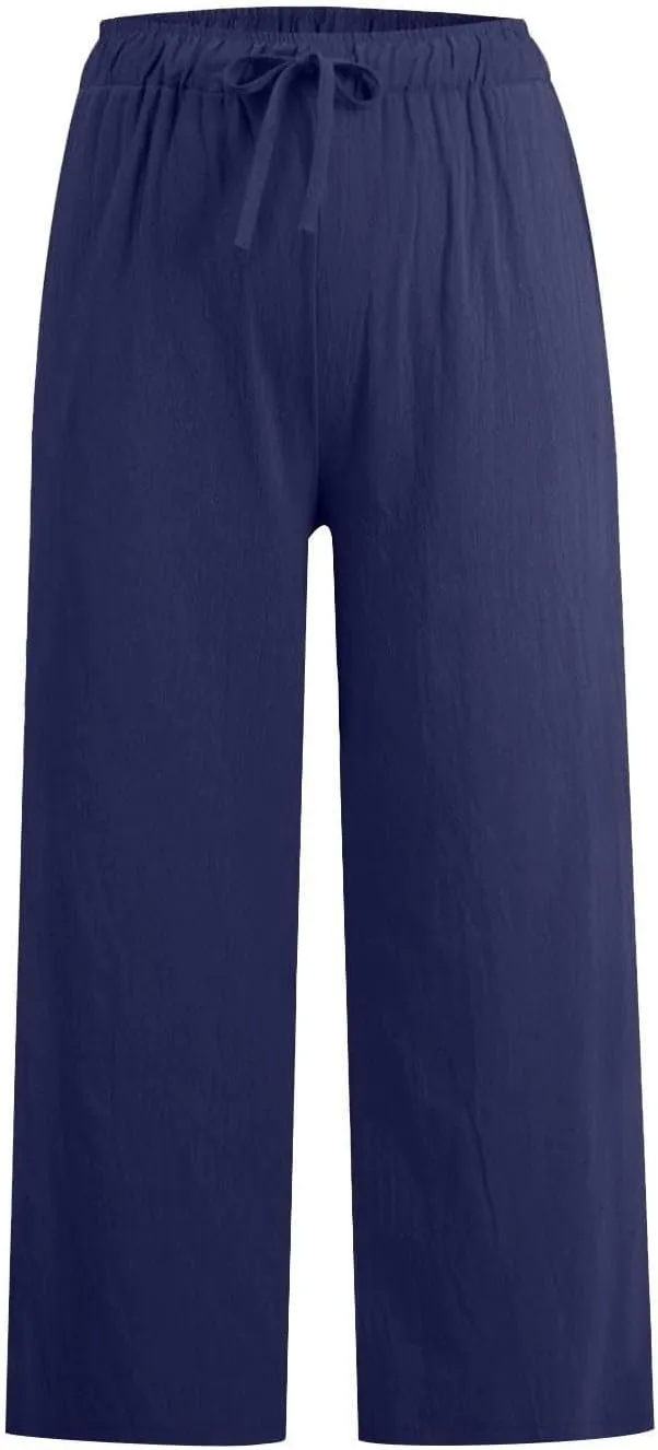 Petite Linen Pants for Women 2025 Elastic Waist Wide Leg Capri Pants Summer Drawstring Baggy Beach Capris Shorts