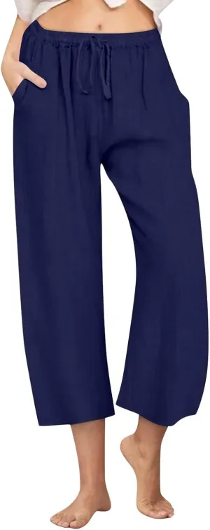 Petite Linen Pants for Women 2025 Elastic Waist Wide Leg Capri Pants Summer Drawstring Baggy Beach Capris Shorts