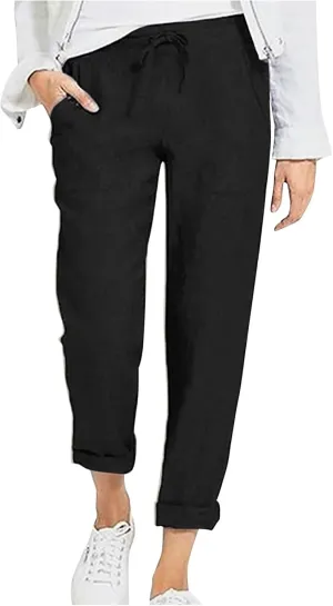 Plus Size Cotton Pants for Women Linen Blend Plus Size Drawstring Pants Folded Hem Lightweight Summer Pants