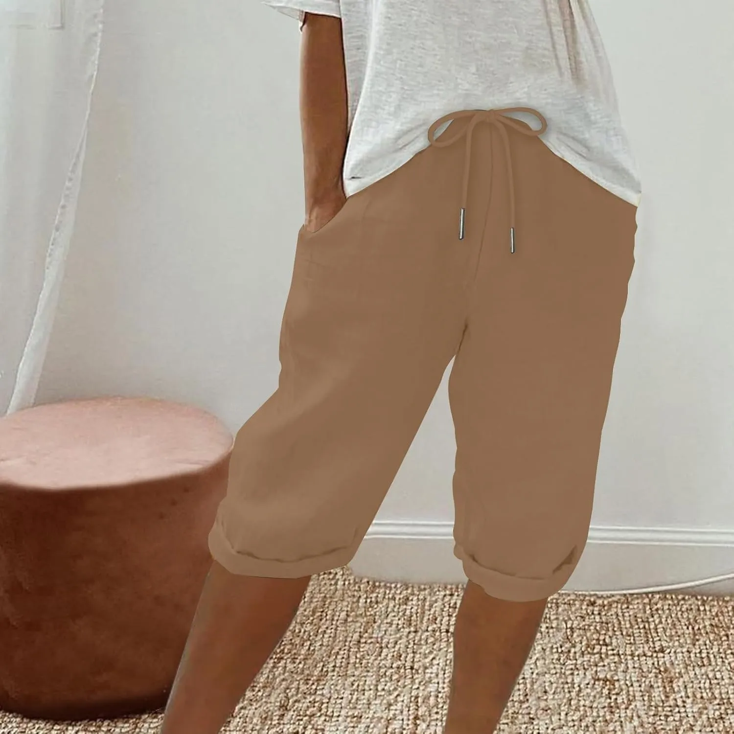 Plus Size Linen Capris for Women High Waist Drawstring Comfy Casual Pants Lightweight Loose Trousers with Pockets
