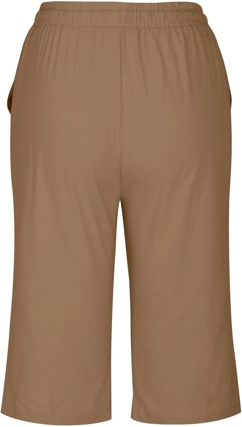 Plus Size Linen Capris for Women High Waist Drawstring Comfy Casual Pants Lightweight Loose Trousers with Pockets