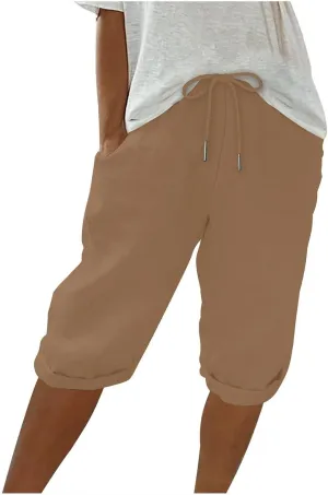 Plus Size Linen Capris for Women High Waist Drawstring Comfy Casual Pants Lightweight Loose Trousers with Pockets