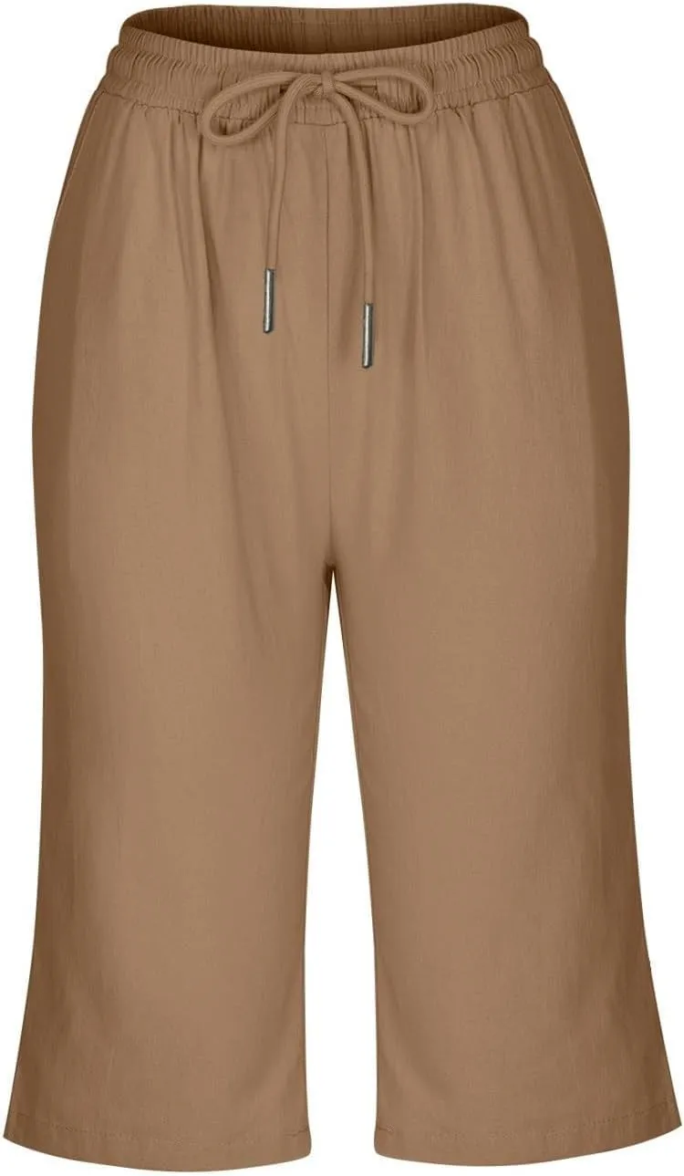 Plus Size Linen Capris for Women High Waist Drawstring Comfy Casual Pants Lightweight Loose Trousers with Pockets