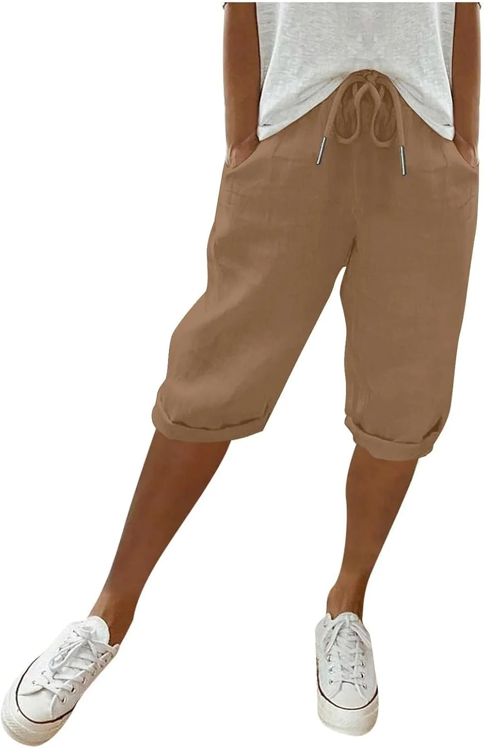 Plus Size Linen Capris for Women High Waist Drawstring Comfy Casual Pants Lightweight Loose Trousers with Pockets