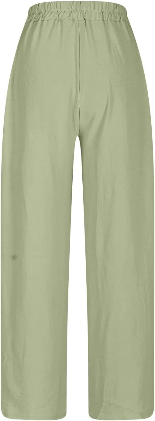 Plus Size Linen Pants for Womens Summer Casual Boho Drawstring High Waisted Pants Loose Fit Vacation Lounge Trousers