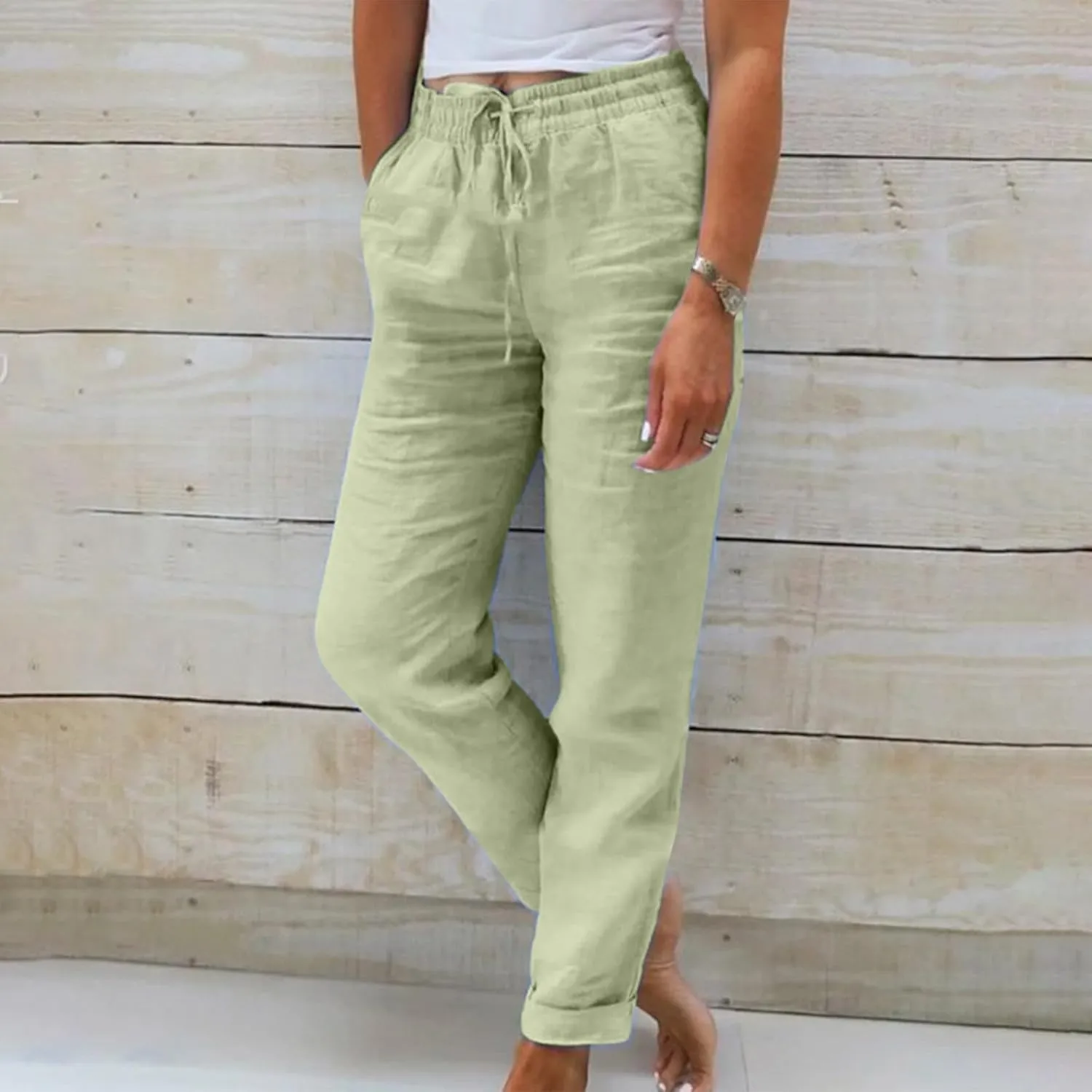 Plus Size Linen Pants for Womens Summer Casual Boho Drawstring High Waisted Pants Loose Fit Vacation Lounge Trousers