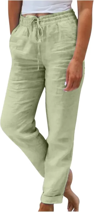 Plus Size Linen Pants for Womens Summer Casual Boho Drawstring High Waisted Pants Loose Fit Vacation Lounge Trousers