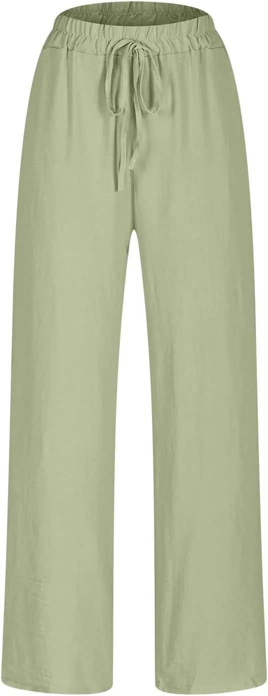 Plus Size Linen Pants for Womens Summer Casual Boho Drawstring High Waisted Pants Loose Fit Vacation Lounge Trousers