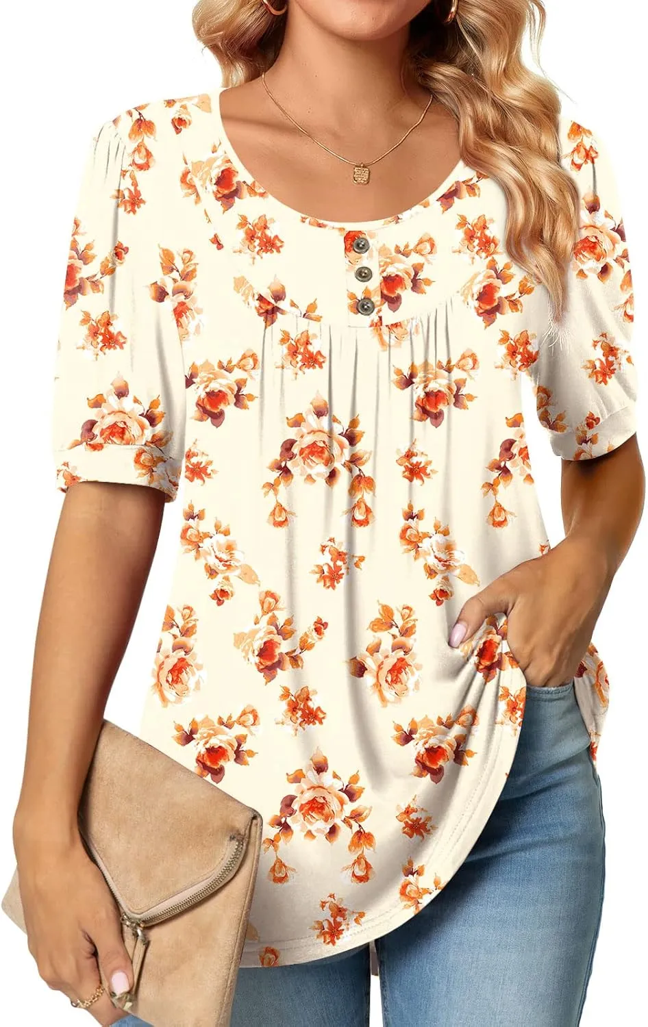 POPYOUNG Women's Tunic Loose Fit Dressy Blouse Ladies Elbow Sleeve Tops Wear with Leggings