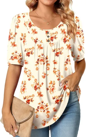 POPYOUNG Women's Tunic Loose Fit Dressy Blouse Ladies Elbow Sleeve Tops Wear with Leggings