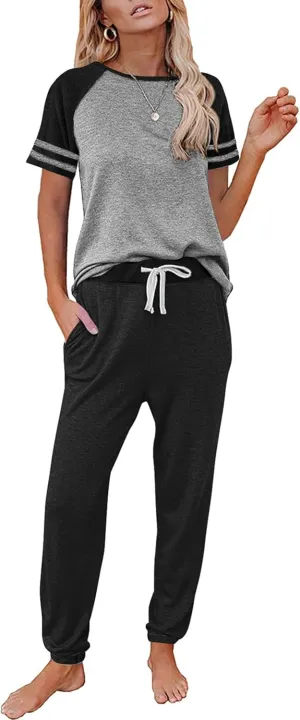 PRETTYGARDEN Women Summer Two Piece Outfits Striped Short Sleeve Pullover and Long Pants Tracksuit Travel Pajama Lounge Set