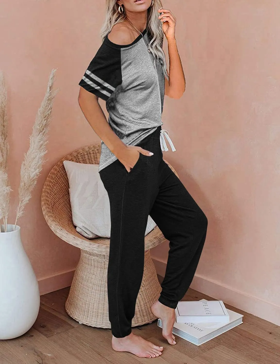 PRETTYGARDEN Women Summer Two Piece Outfits Striped Short Sleeve Pullover and Long Pants Tracksuit Travel Pajama Lounge Set