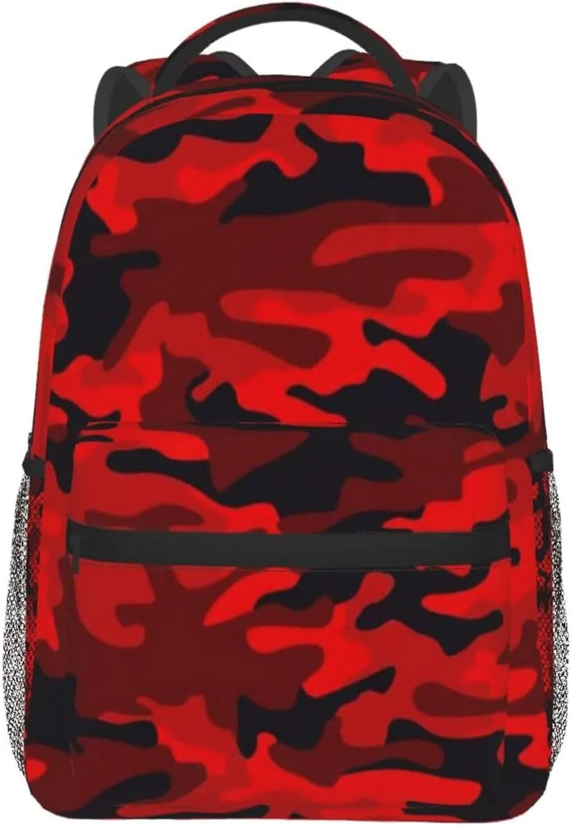 Red and Black Camouflage Backpack Casual Laptop Backpack Lightweight Double Shoulder Bag Travel Daypack For Women Men