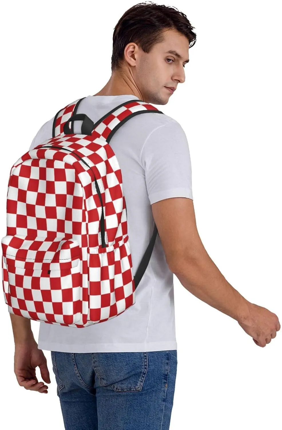 Red and White Race Checkered Flag Backpack Casual Laptop Backpack Large Capacity Double Shoulder Bag Travel Daypack For Women Men