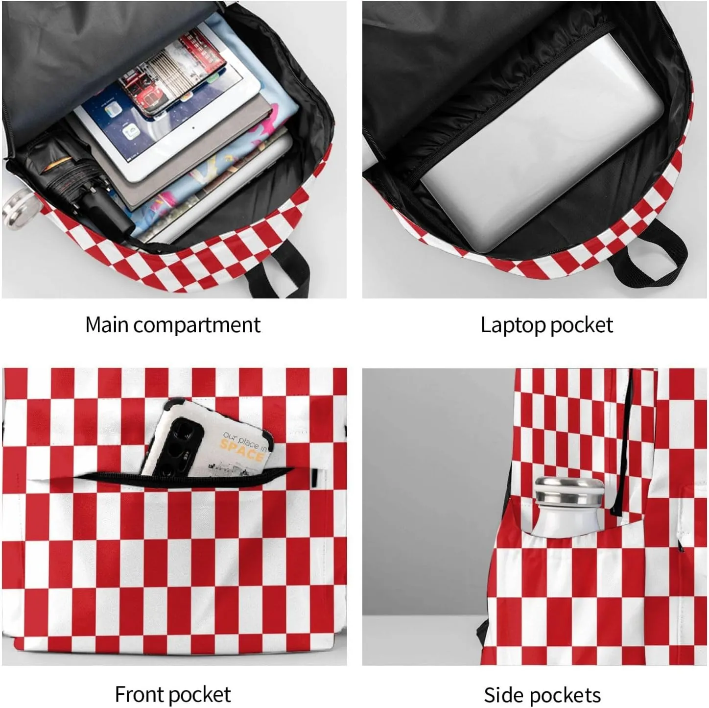 Red and White Race Checkered Flag Backpack Casual Laptop Backpack Large Capacity Double Shoulder Bag Travel Daypack For Women Men