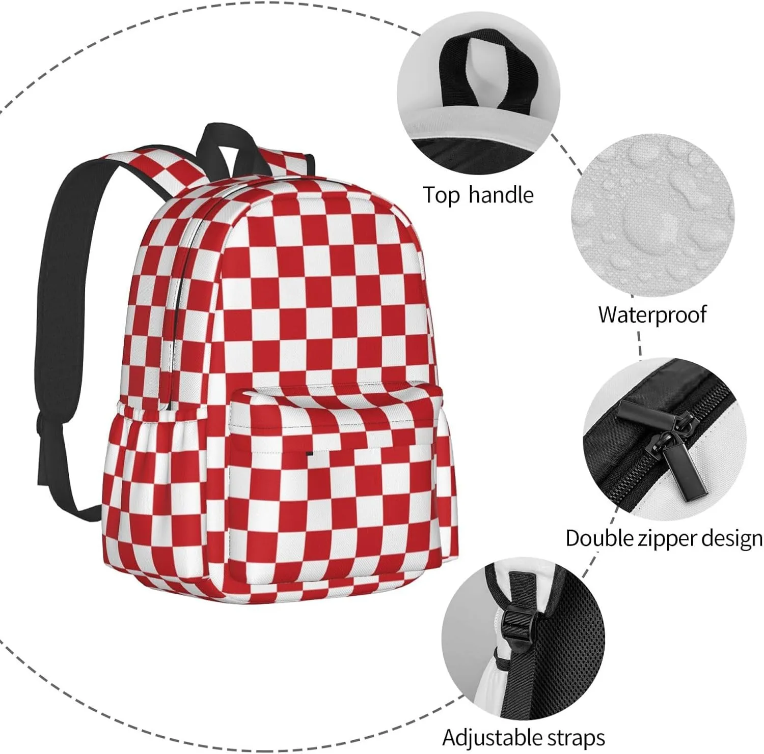 Red and White Race Checkered Flag Backpack Casual Laptop Backpack Large Capacity Double Shoulder Bag Travel Daypack For Women Men