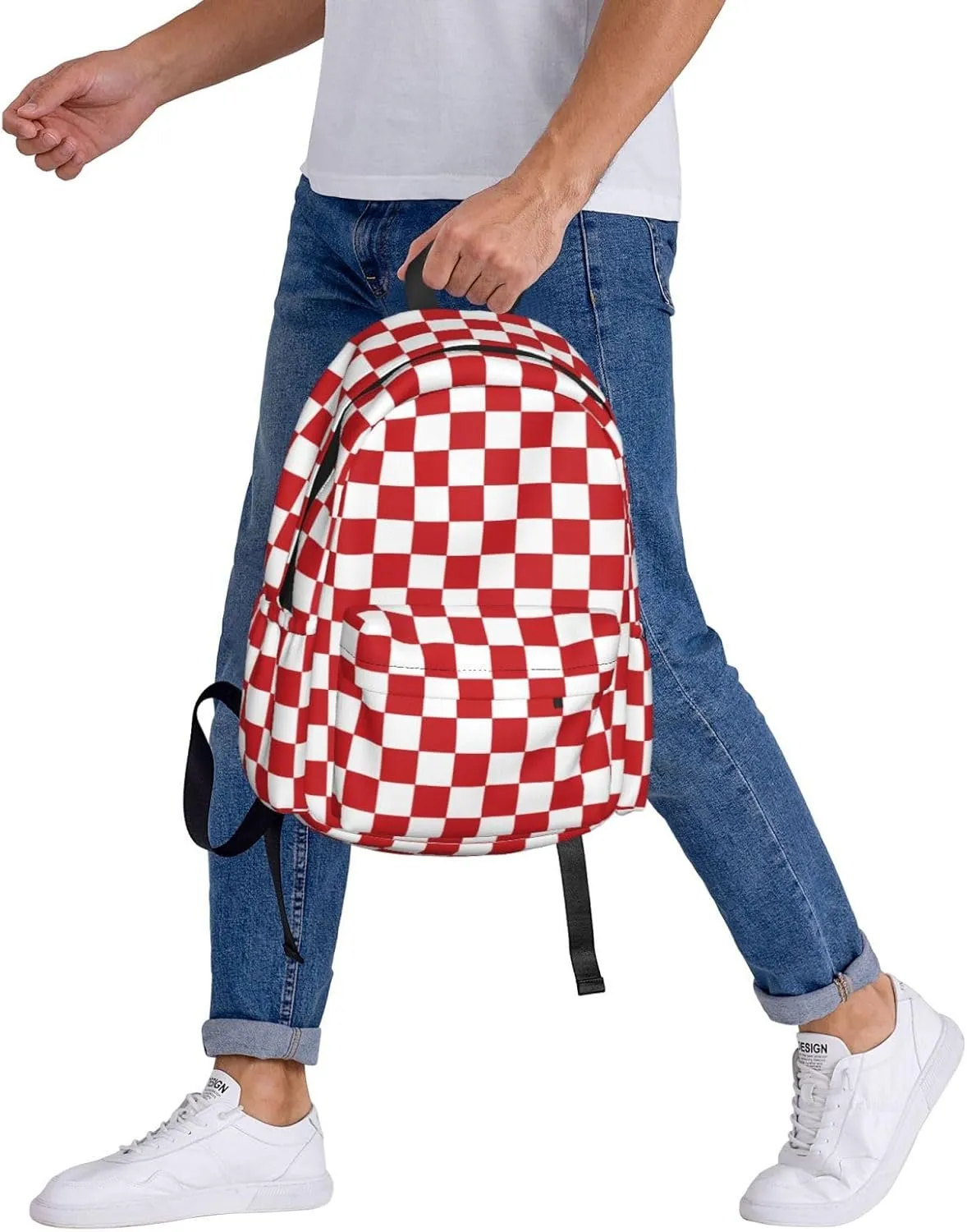 Red and White Race Checkered Flag Backpack Casual Laptop Backpack Large Capacity Double Shoulder Bag Travel Daypack For Women Men