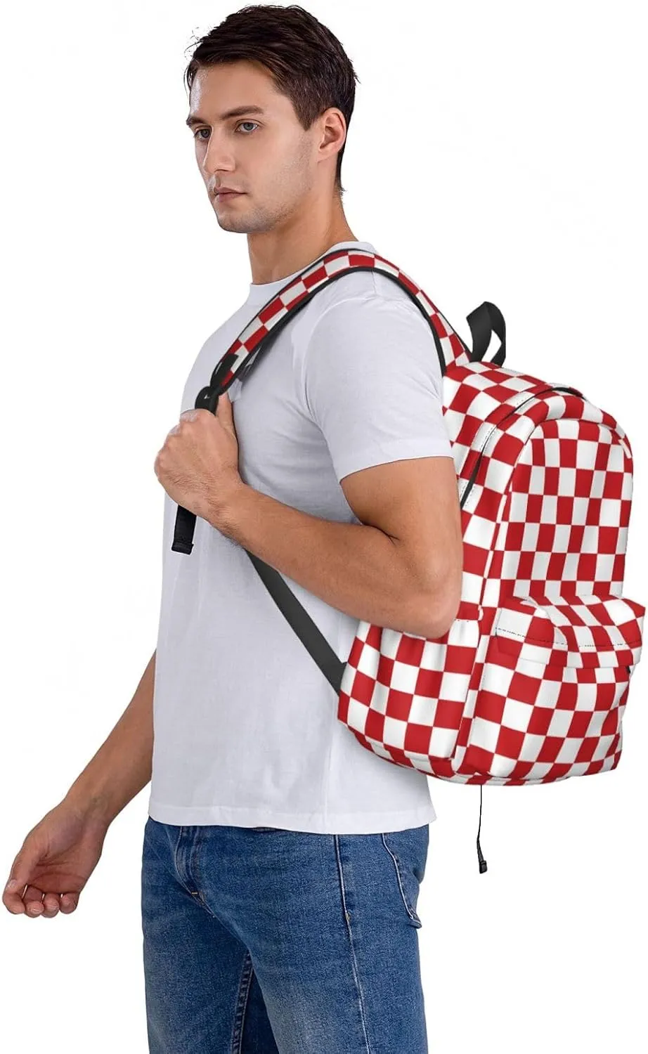 Red and White Race Checkered Flag Backpack Casual Laptop Backpack Large Capacity Double Shoulder Bag Travel Daypack For Women Men