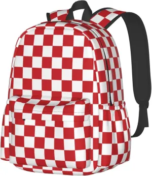 Red and White Race Checkered Flag Backpack Casual Laptop Backpack Large Capacity Double Shoulder Bag Travel Daypack For Women Men