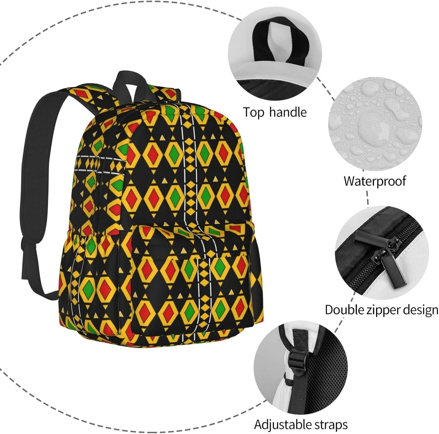 Red Green Diamonds Shape Black Backpack Casual Laptop Backpack Large Capacity Double Shoulder Bag Travel Daypack For Women Men