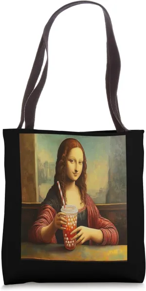 Renaissance Lisa Woman Boba Tea Humorous Vintage Pop Mona Tote Bag