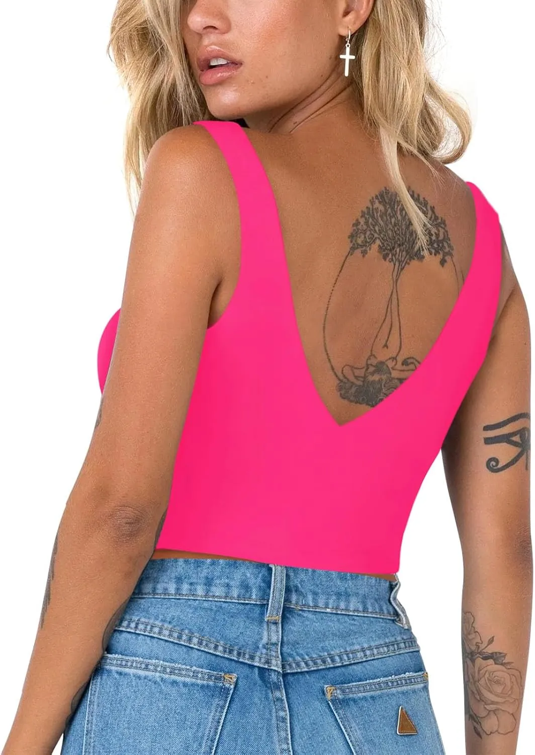 REORIA Butsmooth Womens Trendy Sexy Plunge Deep V Neck Sleeveless V Backless Slim Fit Going Out Crop Tank Tops