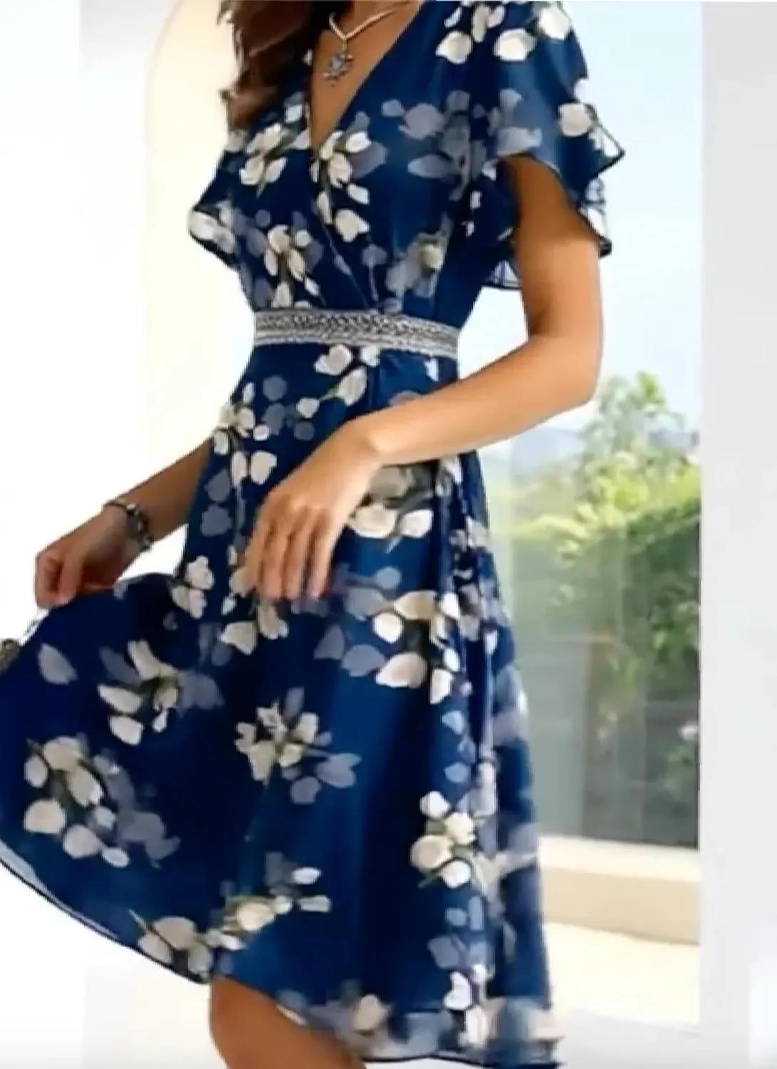 Romantic Floral Print V-Neck Mini Dress for Women Summer Boho Short Sleeve Empire Waist Ruffle Hem A-Line Dress