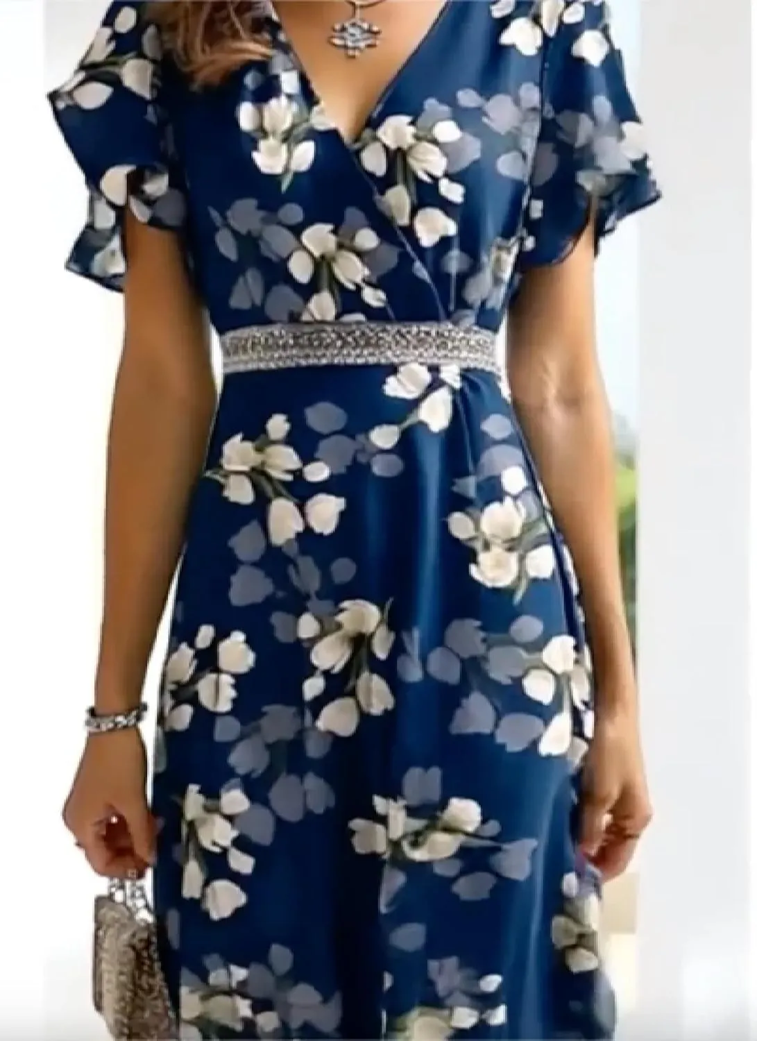 Romantic Floral Print V-Neck Mini Dress for Women Summer Boho Short Sleeve Empire Waist Ruffle Hem A-Line Dress
