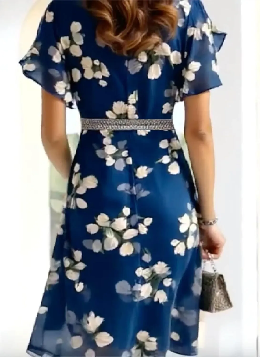 Romantic Floral Print V-Neck Mini Dress for Women Summer Boho Short Sleeve Empire Waist Ruffle Hem A-Line Dress