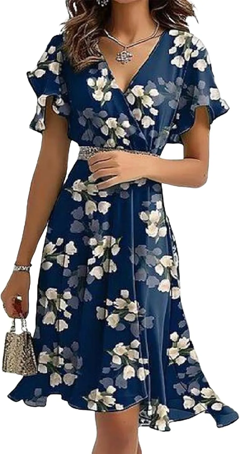 Romantic Floral Print V-Neck Mini Dress for Women Summer Boho Short Sleeve Empire Waist Ruffle Hem A-Line Dress