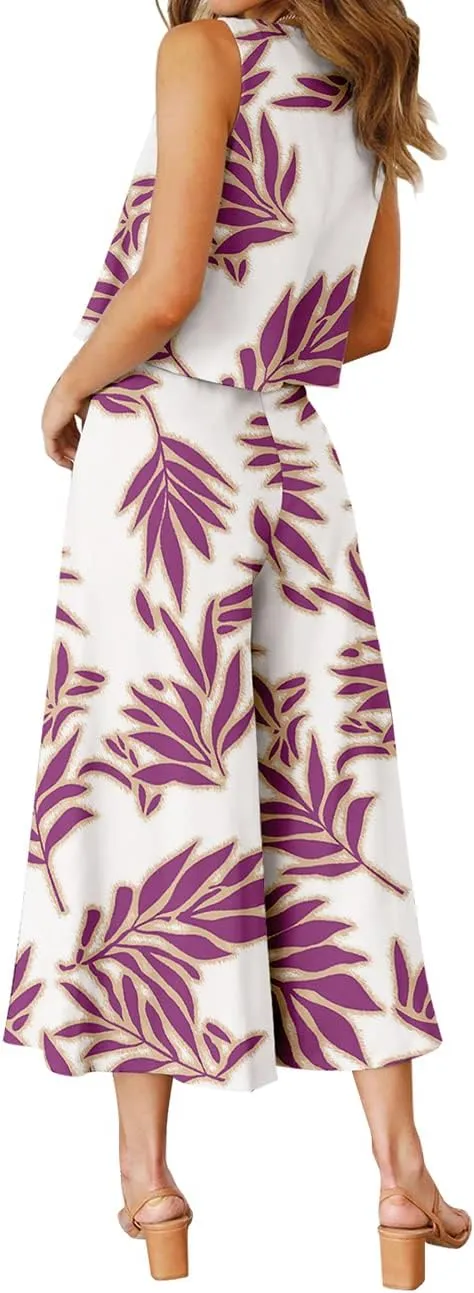 ROYLAMP Women's Summer 2 Piece Outfits Round Neck Crop Basic Top Cropped Wide Leg Pants Set Jumpsuits