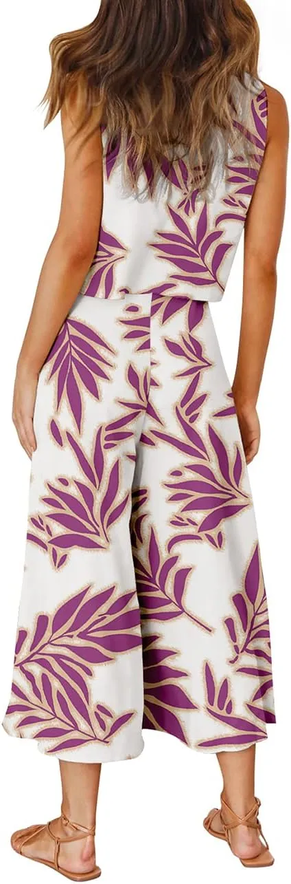 ROYLAMP Women's Summer 2 Piece Outfits Round Neck Crop Basic Top Cropped Wide Leg Pants Set Jumpsuits