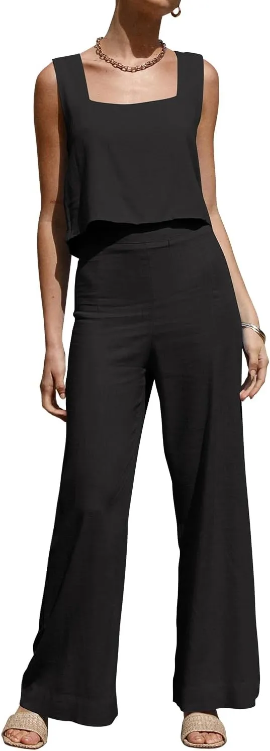 ROYLAMP Women's Summer 2 Piece Outfits Sleeveless Square Neck Tops Wide Leg Pants set Jumpsuit with Pockets