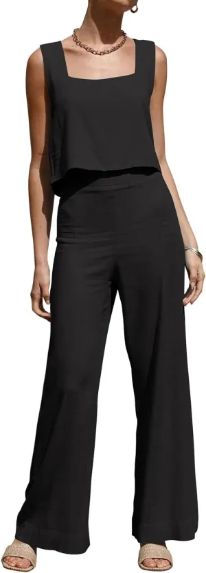 ROYLAMP Women's Summer 2 Piece Outfits Sleeveless Square Neck Tops Wide Leg Pants set Jumpsuit with Pockets