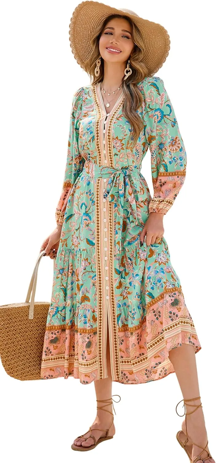 R.Vivimos Women's Long Sleeve Boho Midi Dress V Neck Floral Print Casual Button Down Loose Ruffle Beach Long Dress with Belt