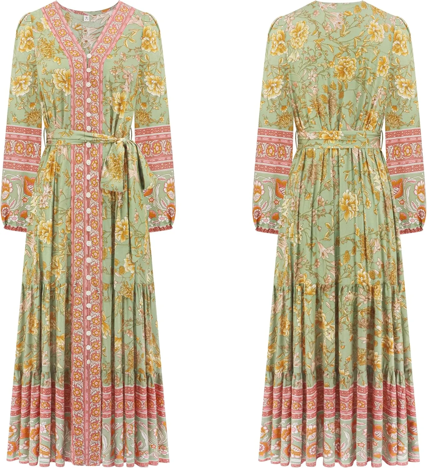 R.Vivimos Women's Long Sleeve Boho Midi Dress V Neck Floral Print Casual Button Down Loose Ruffle Beach Long Dress with Belt