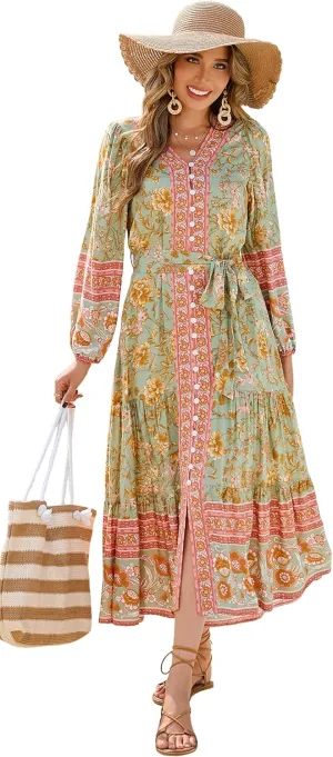R.Vivimos Women's Long Sleeve Boho Midi Dress V Neck Floral Print Casual Button Down Loose Ruffle Beach Long Dress with Belt