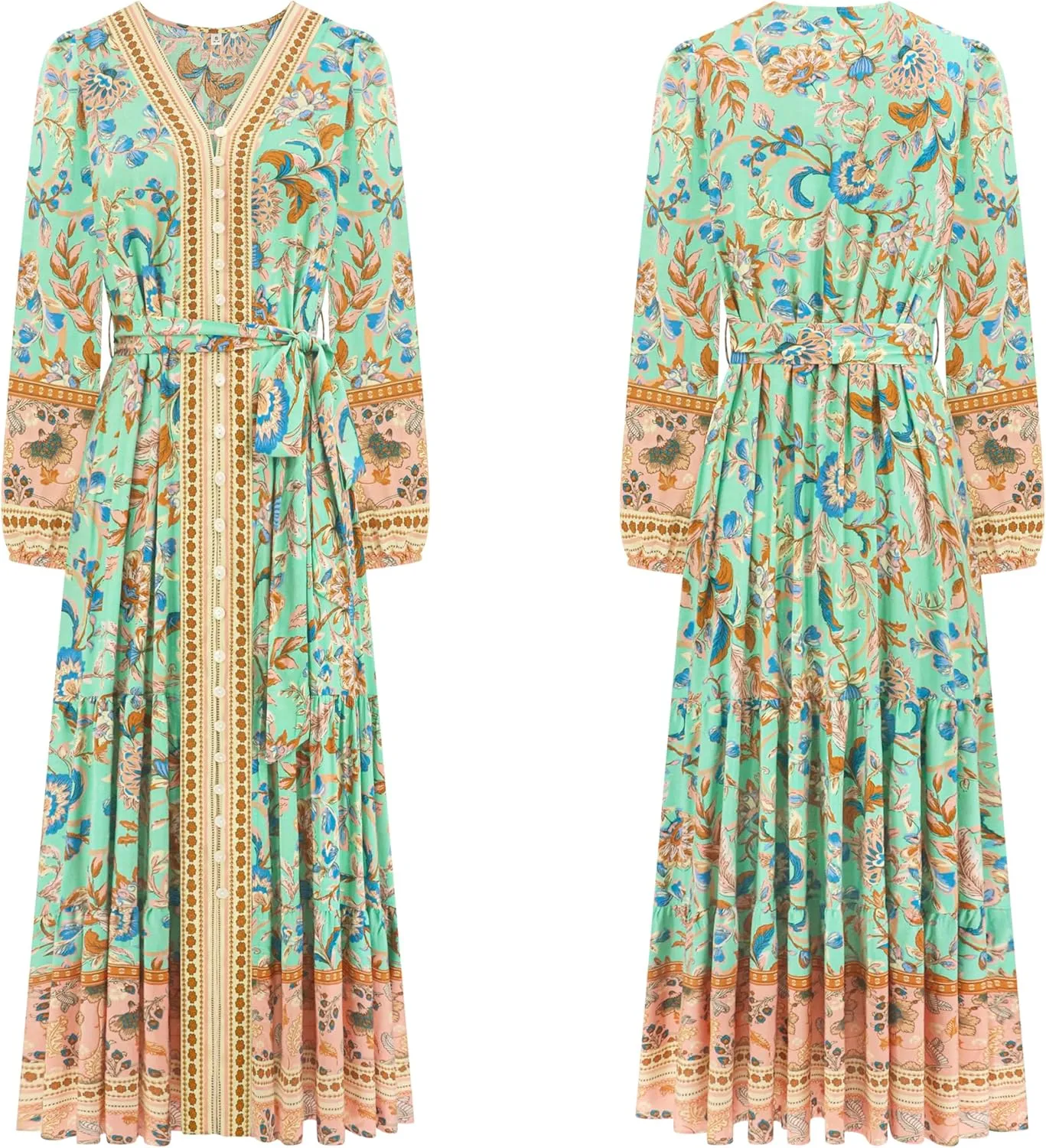 R.Vivimos Women's Long Sleeve Boho Midi Dress V Neck Floral Print Casual Button Down Loose Ruffle Beach Long Dress with Belt