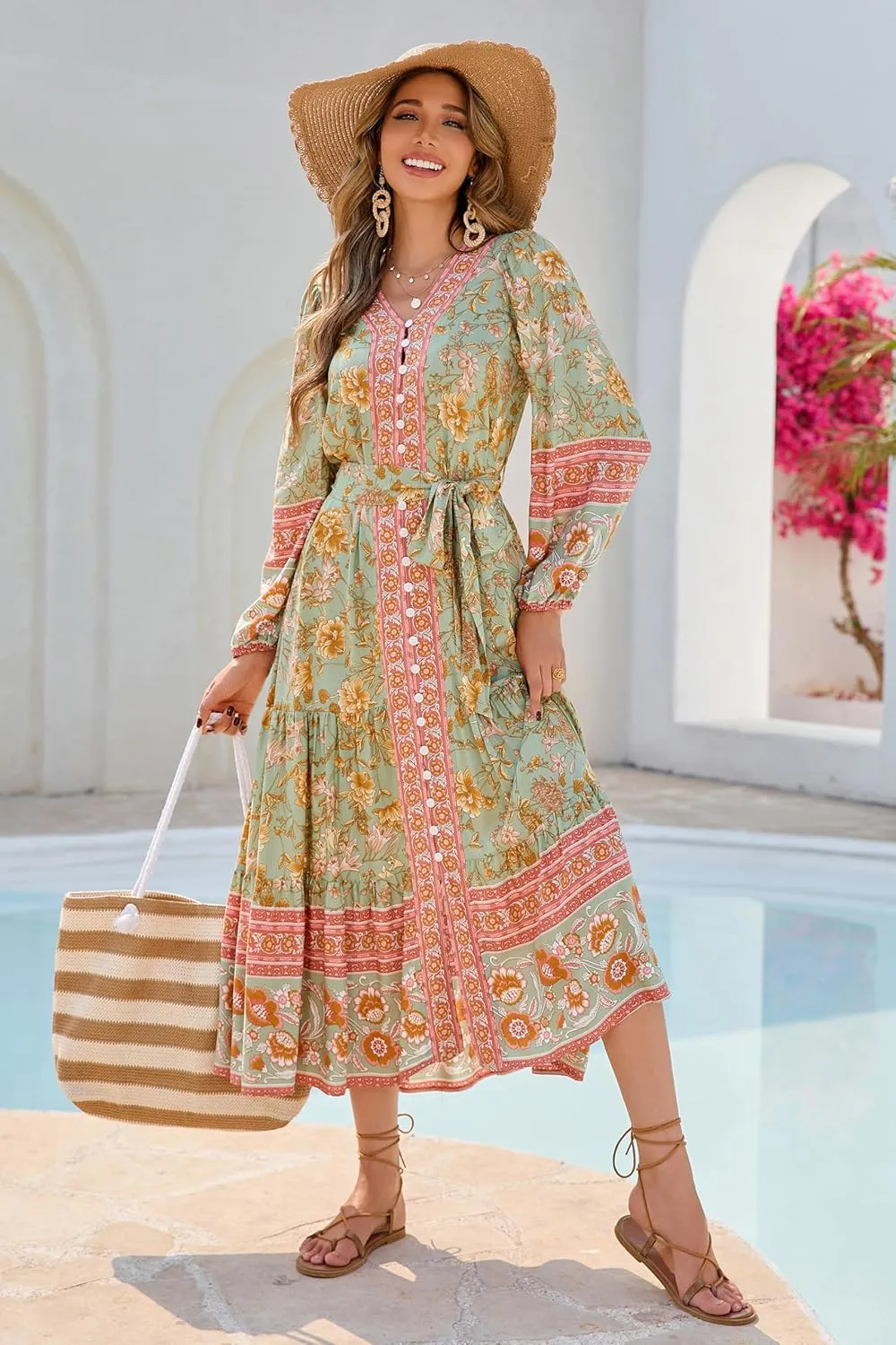 R.Vivimos Women's Long Sleeve Boho Midi Dress V Neck Floral Print Casual Button Down Loose Ruffle Beach Long Dress with Belt