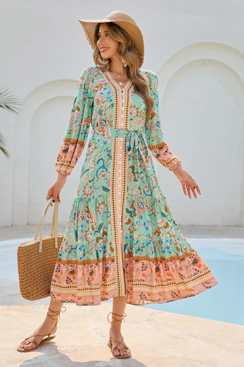 R.Vivimos Women's Long Sleeve Boho Midi Dress V Neck Floral Print Casual Button Down Loose Ruffle Beach Long Dress with Belt