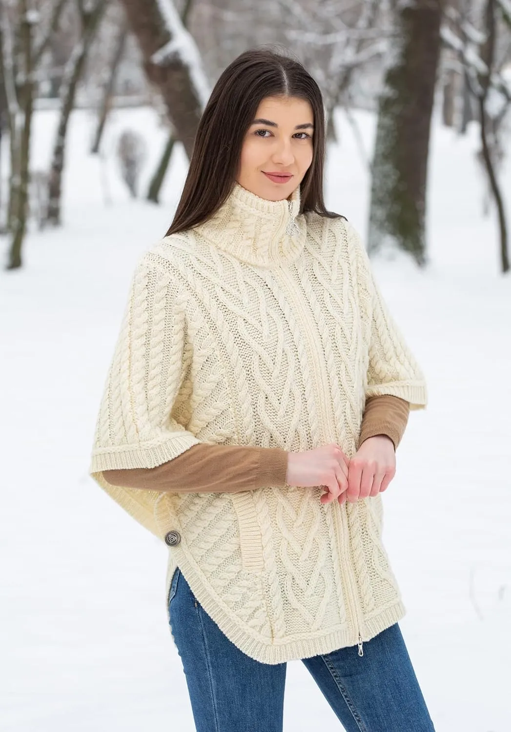 SAOL Irish Cardigan for Women Made of 100% Merino Wool Ireland Poncho with Front Pockets